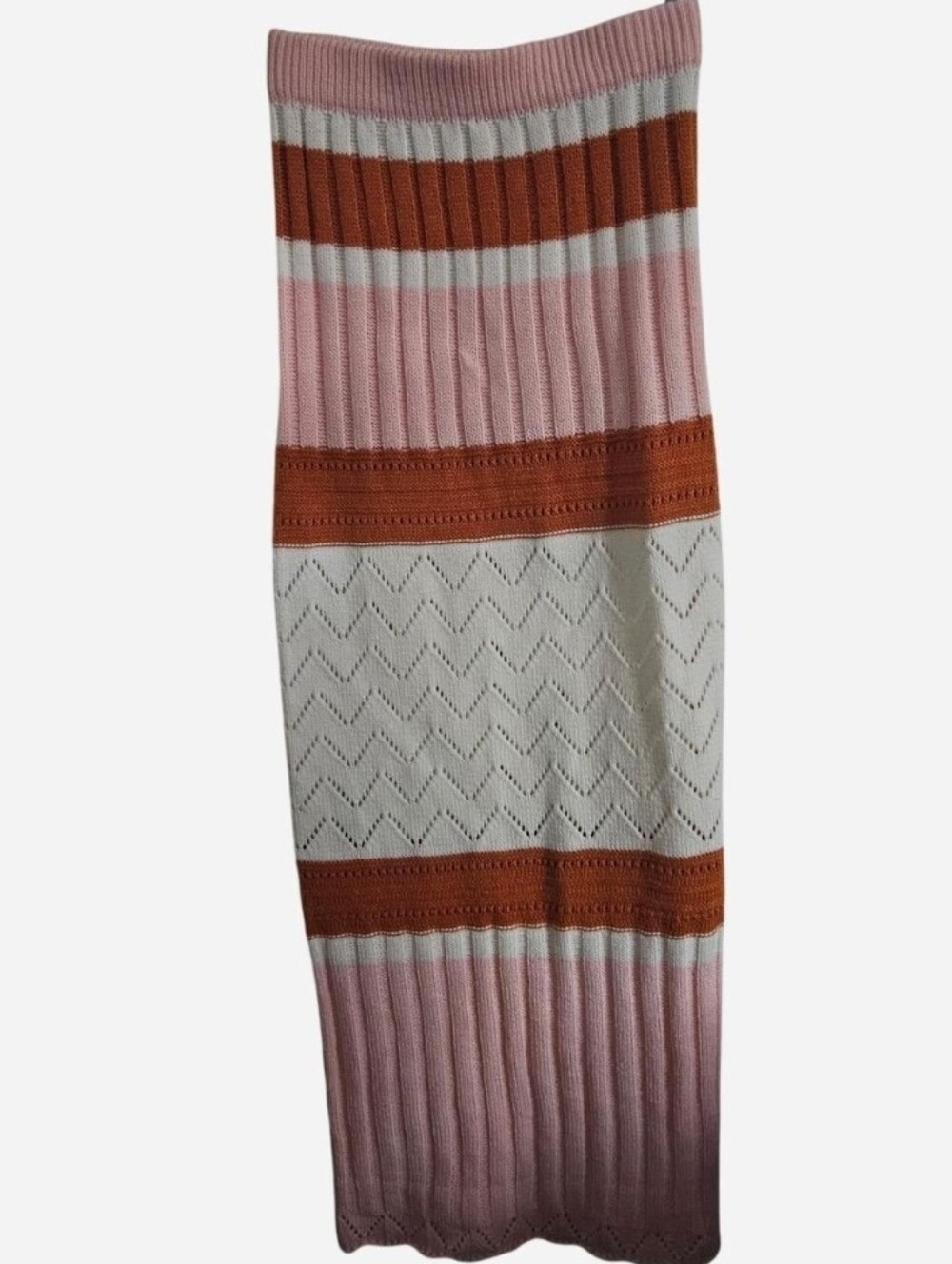 ​Indikah Pink White Orange Striped Pointelle Knit Midi Skirt Size M / Medium